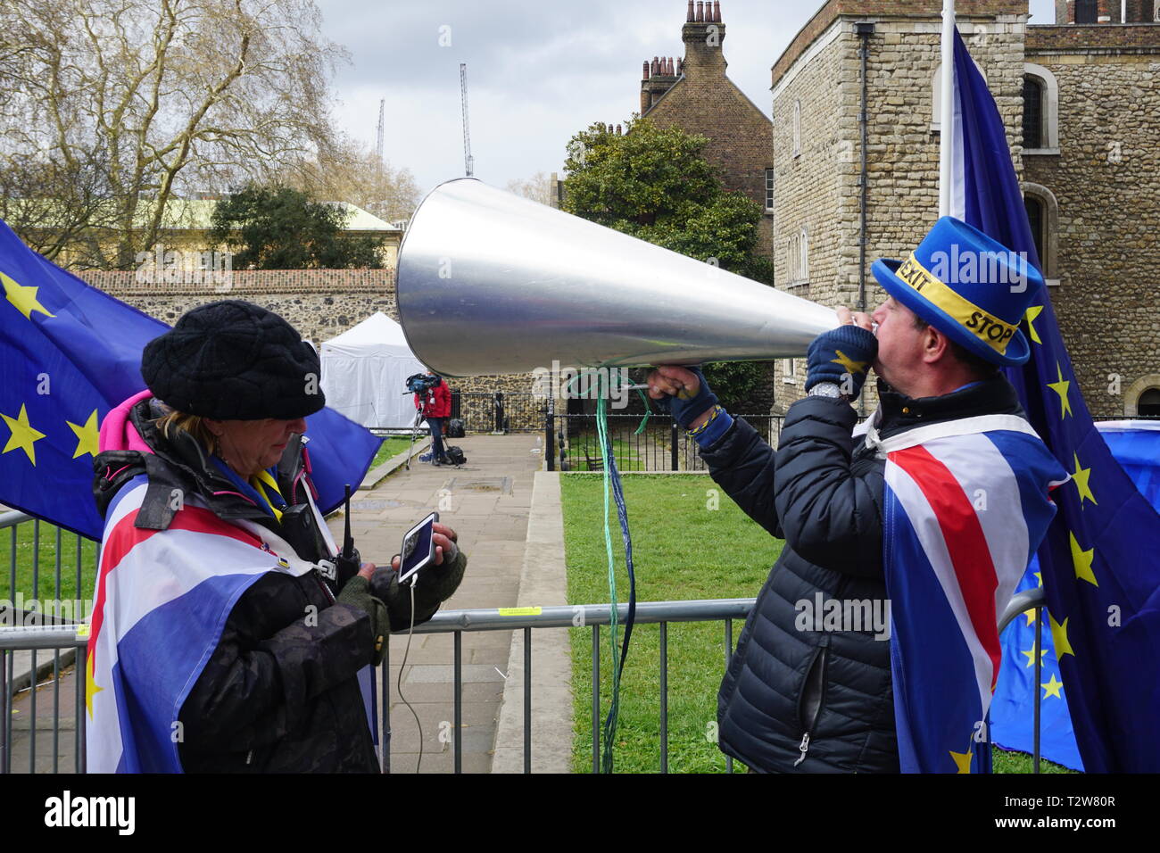 Small numbers of EU and Brexit supporters voice their support at the House of Parliament in Westminster, London, UK. 4th April 2019 Stock Photo