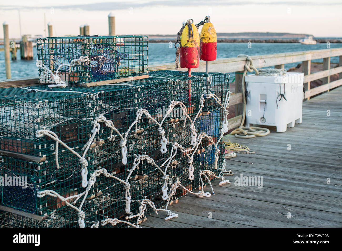 Lobster traps on fish pier, Old Harbor, Block Island, RI. Old Harbor is