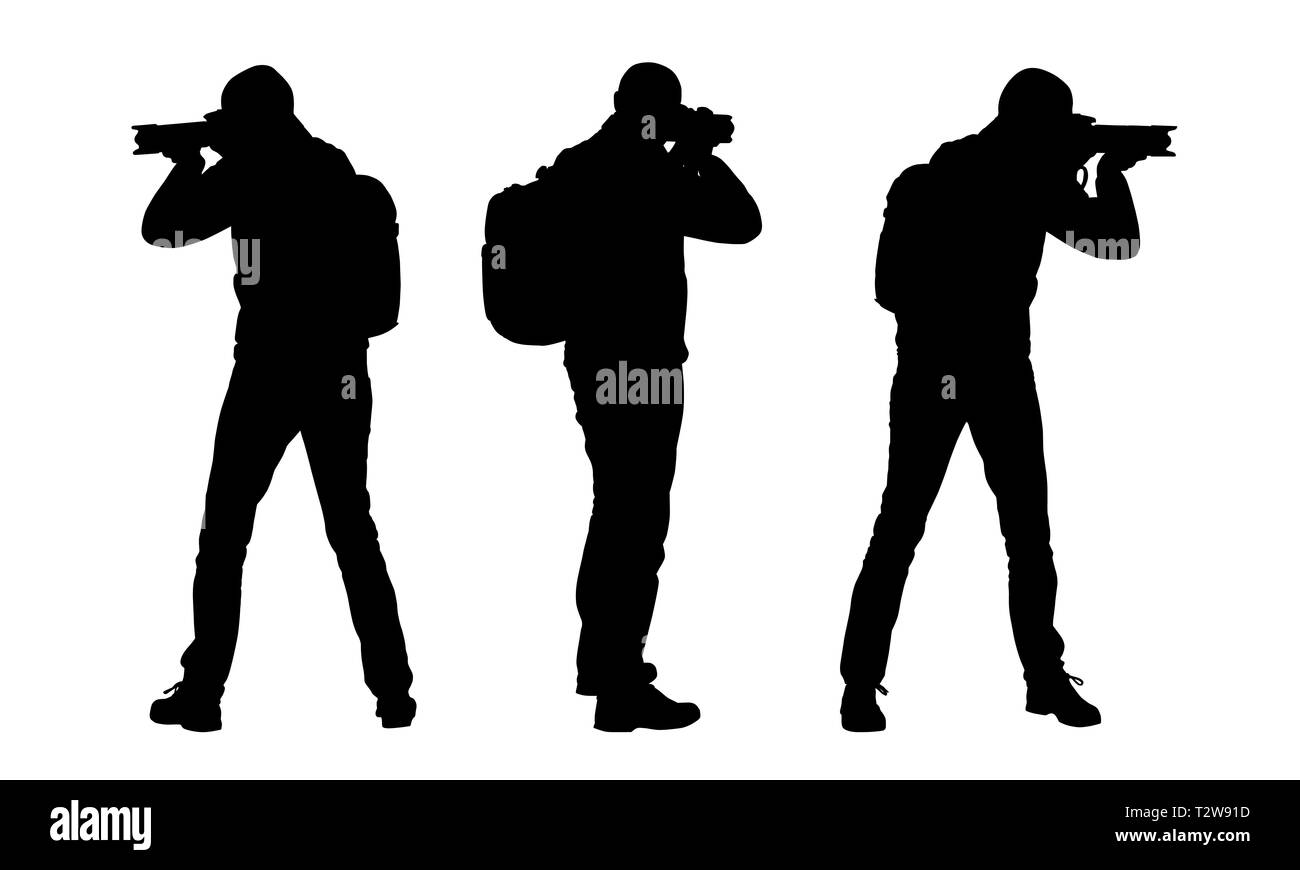 Set realistic silhouettes of tourist man with backpack and camera. Photographer isolated on white background - vector Stock Photo