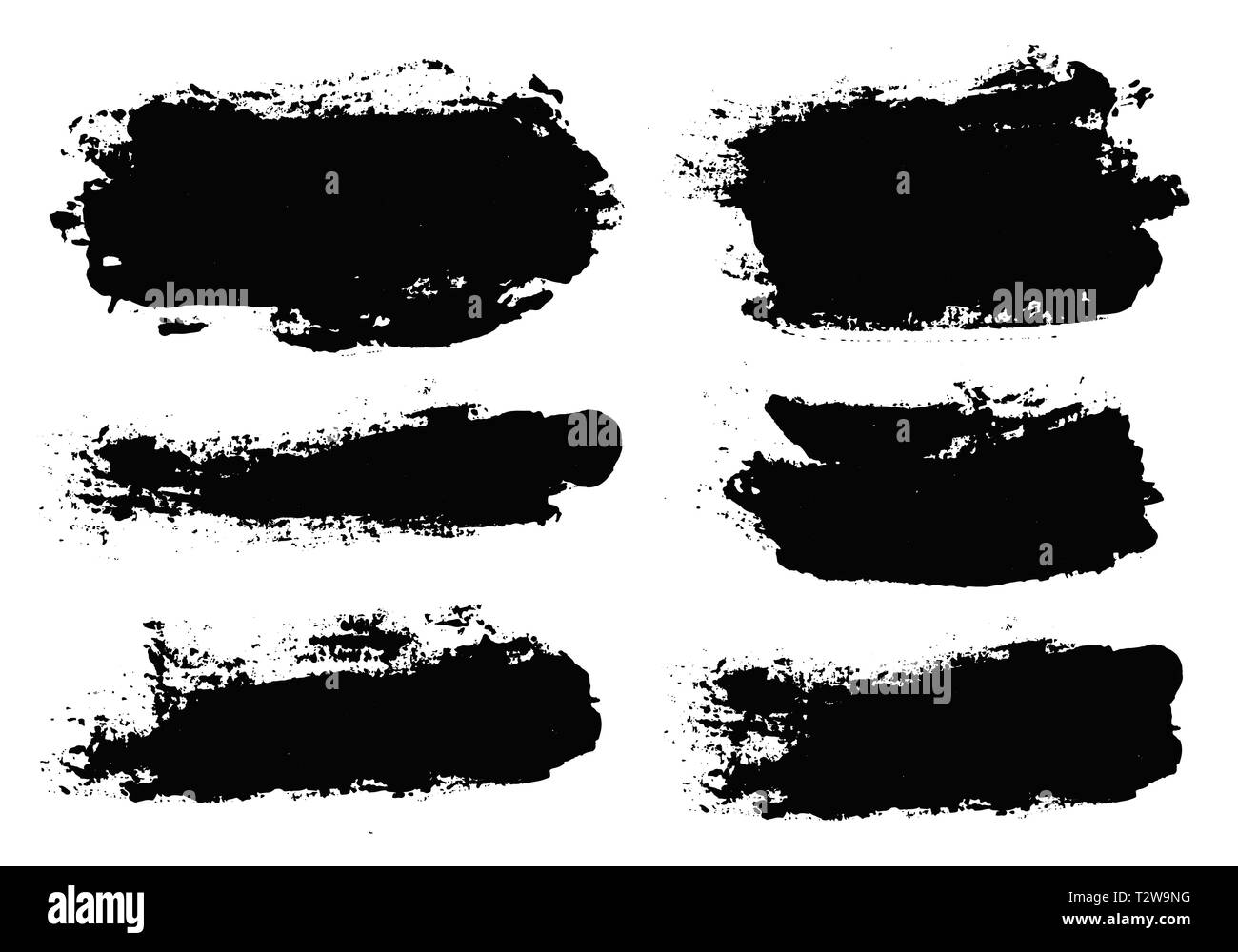 Brush strokes. Vector paintbrush set. Grunge design elements. Rectangle text boxes. Dirty distress texture banners. Ink splatters. Grungy painted obje Stock Vector