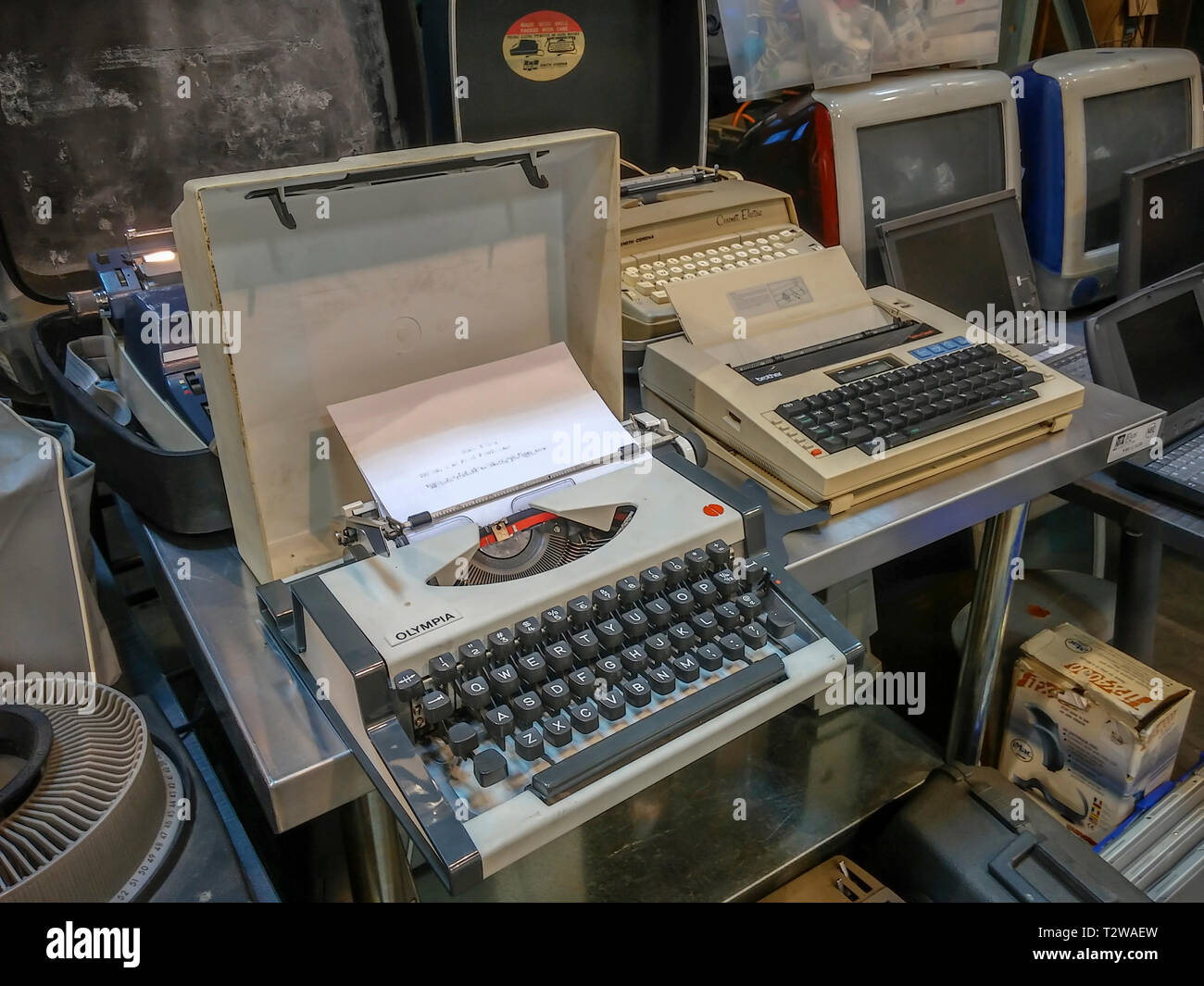A collection of discarded typewriters, both manual and electric, waiting to be recycled in New York on Saturday, March 30, 2019. (Â© Richard B. Levine) Stock Photo