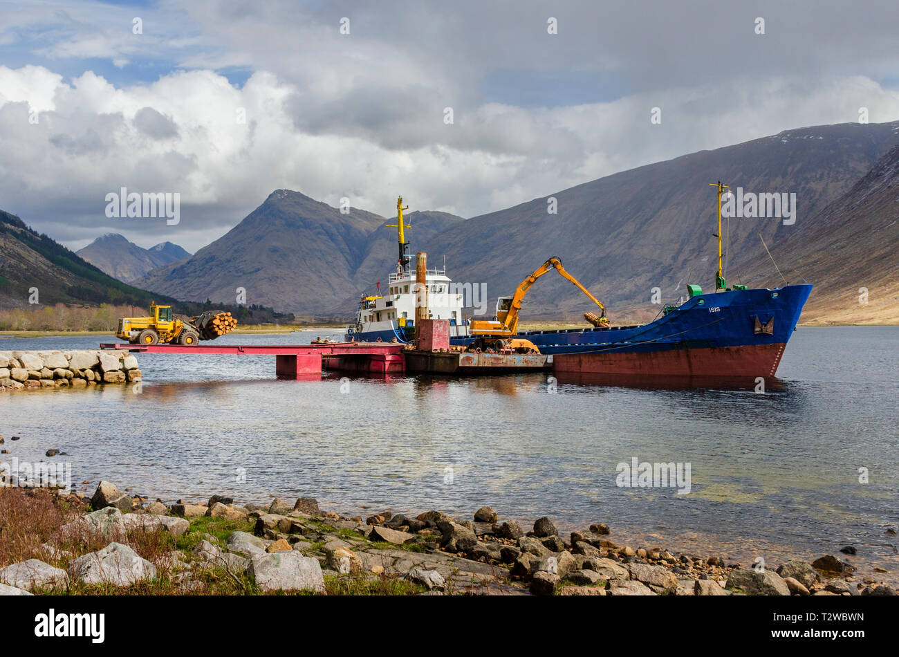Ship being loaded as part of logging industry at the head of Loch Etive