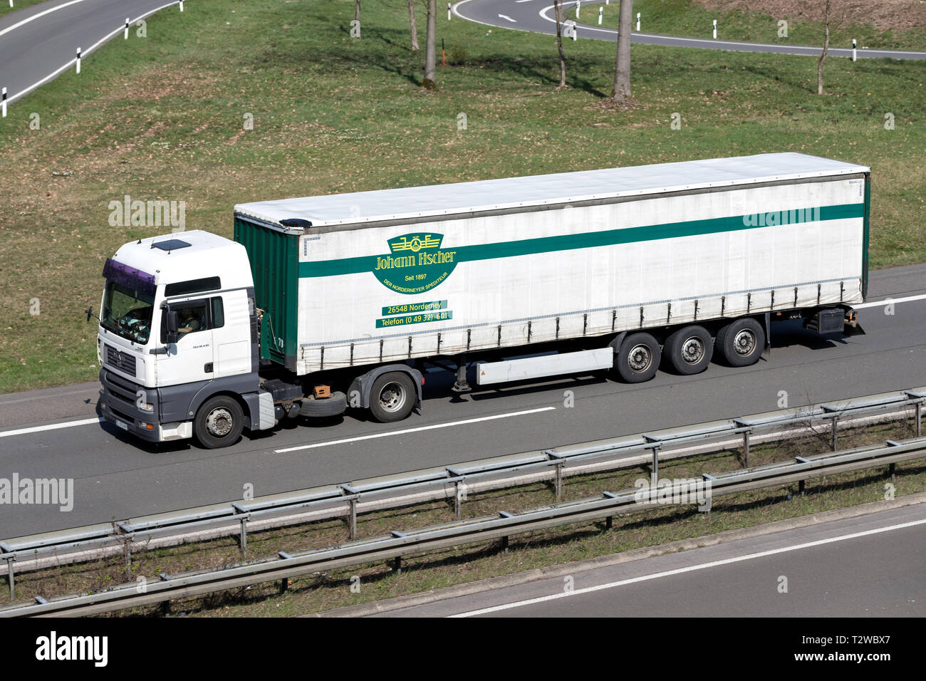 Johann Fischer truck on German motorway. Stock Photo