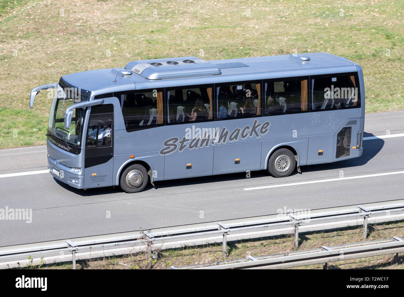 Stahlhacke intercity bus on German motorway. Stock Photo