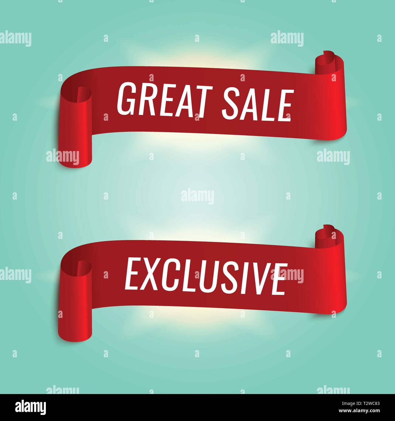 red web ribbon banners with great sale and exclusive text. Vector illustration for design Stock Vector