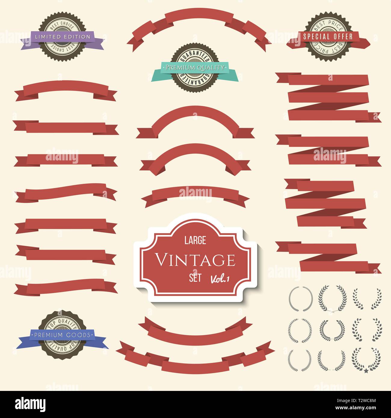 Red vintage ribbon banners, labels and laurel wreath set. Vector
