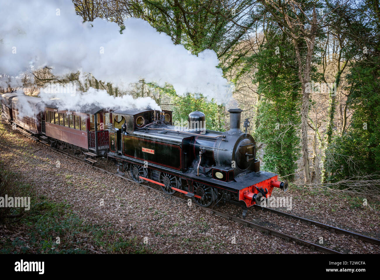 Steam Train with engine belching smoke and steam. 0-6-0T Locomotive ...