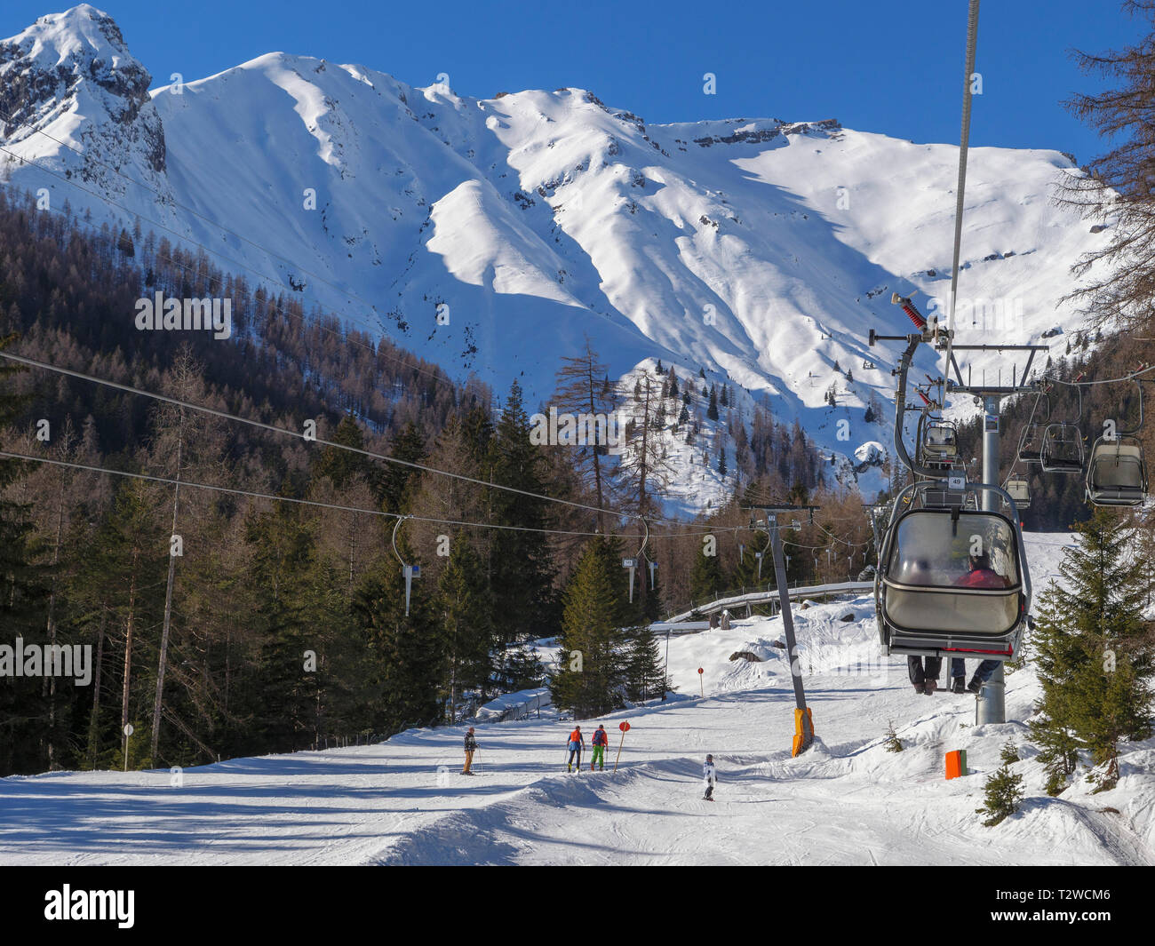 skilift and piste, skiing area Hochimst, Imst, Tyrol, Austria, Europe Stock Photo