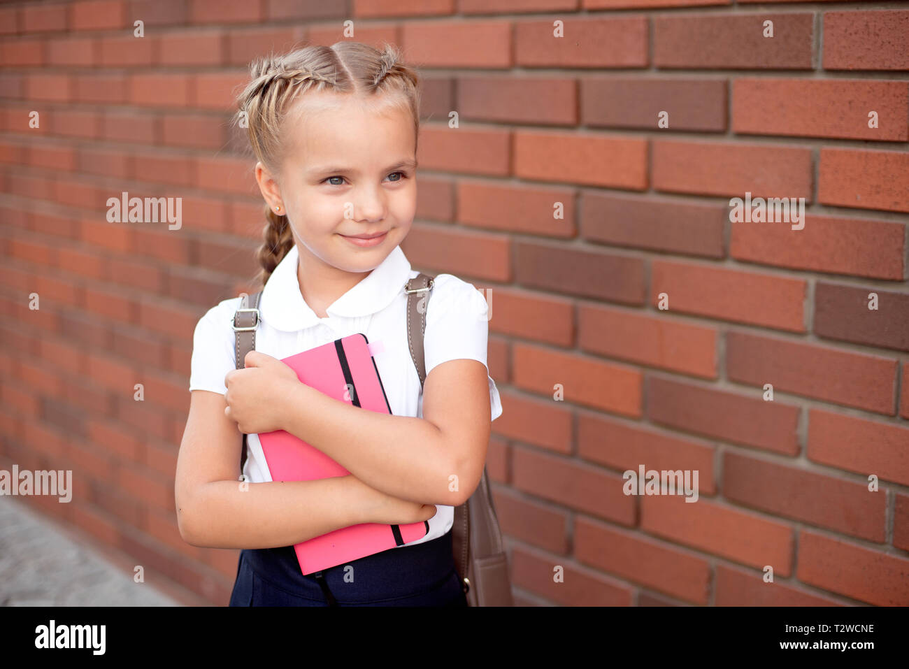 Little Girl With Blond Hair In A White Shirt And Blue Skirt