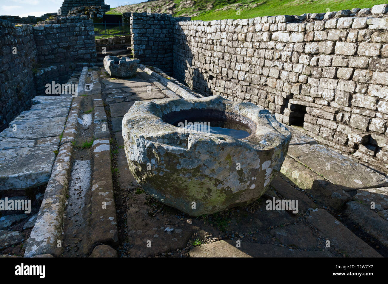 Latrine at Housesteads Roman Fort on Hadrians Wall in Northumberland Stock Photo