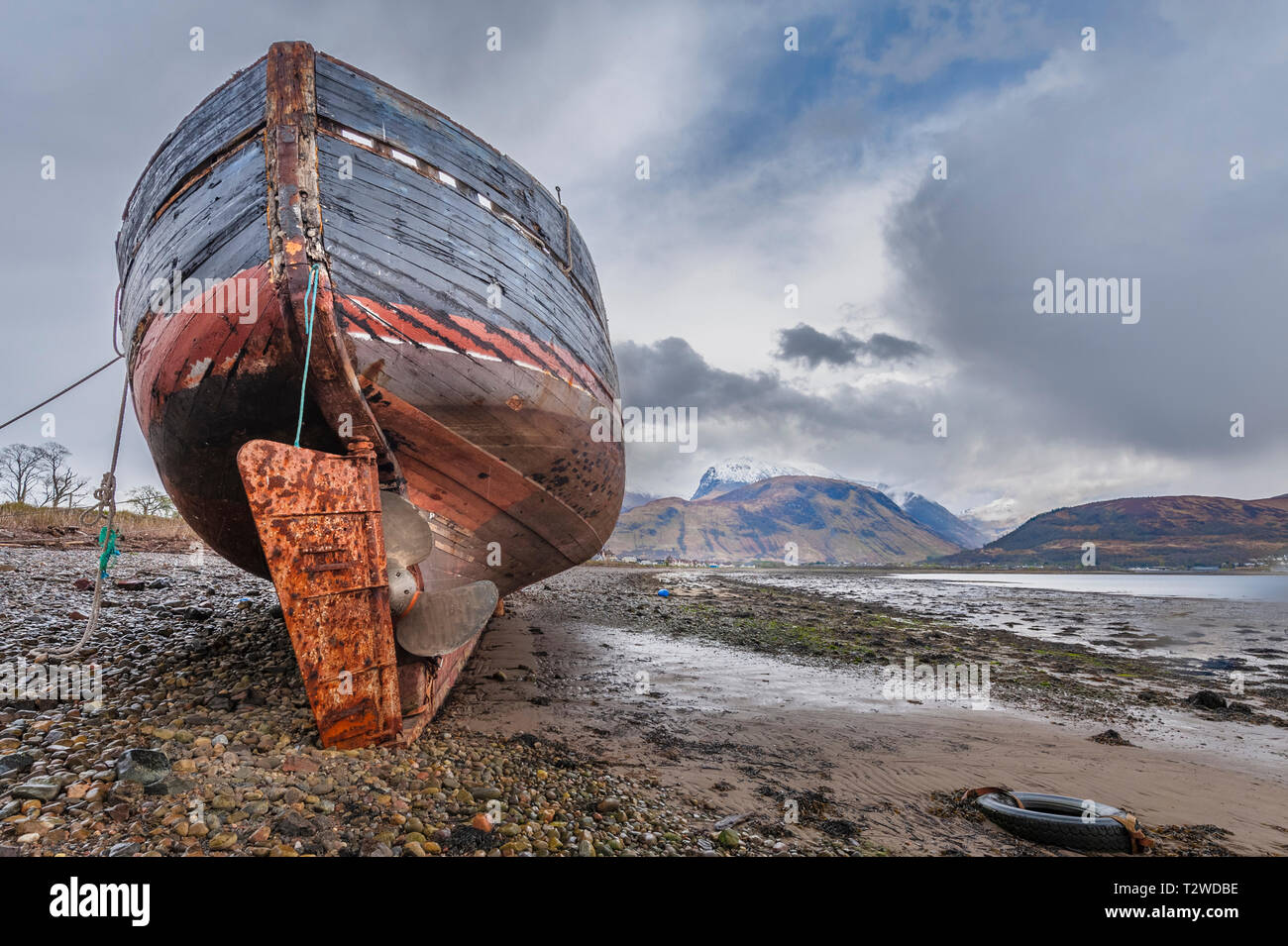 The Corpach Wreck  MV Dayspring beached on the shore of Loch Linnhe near Corpach and in view of Ben Nevis Stock Photo