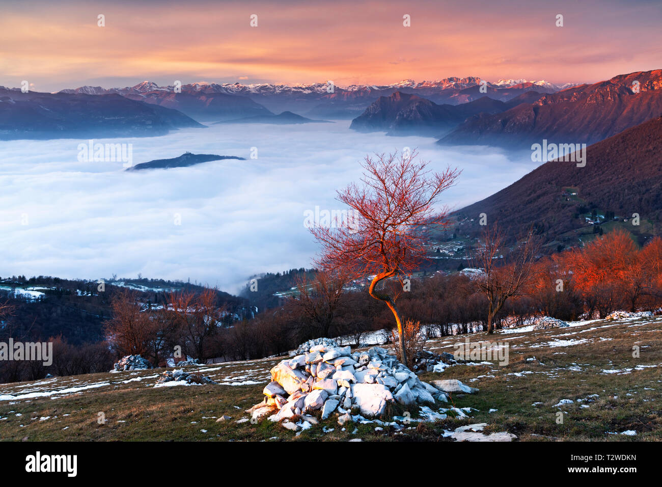 Iseo lake under the fog at sunset, Brescia province, Lombardy district in Italy, Europe. Stock Photo