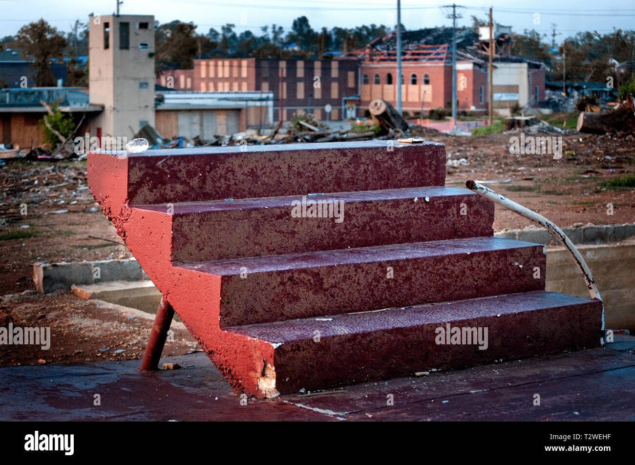 Porch steps are all that remains of a home after the April 27 tornado, July 26, 2011, in Tuscaloosa, Alabama. Stock Photo