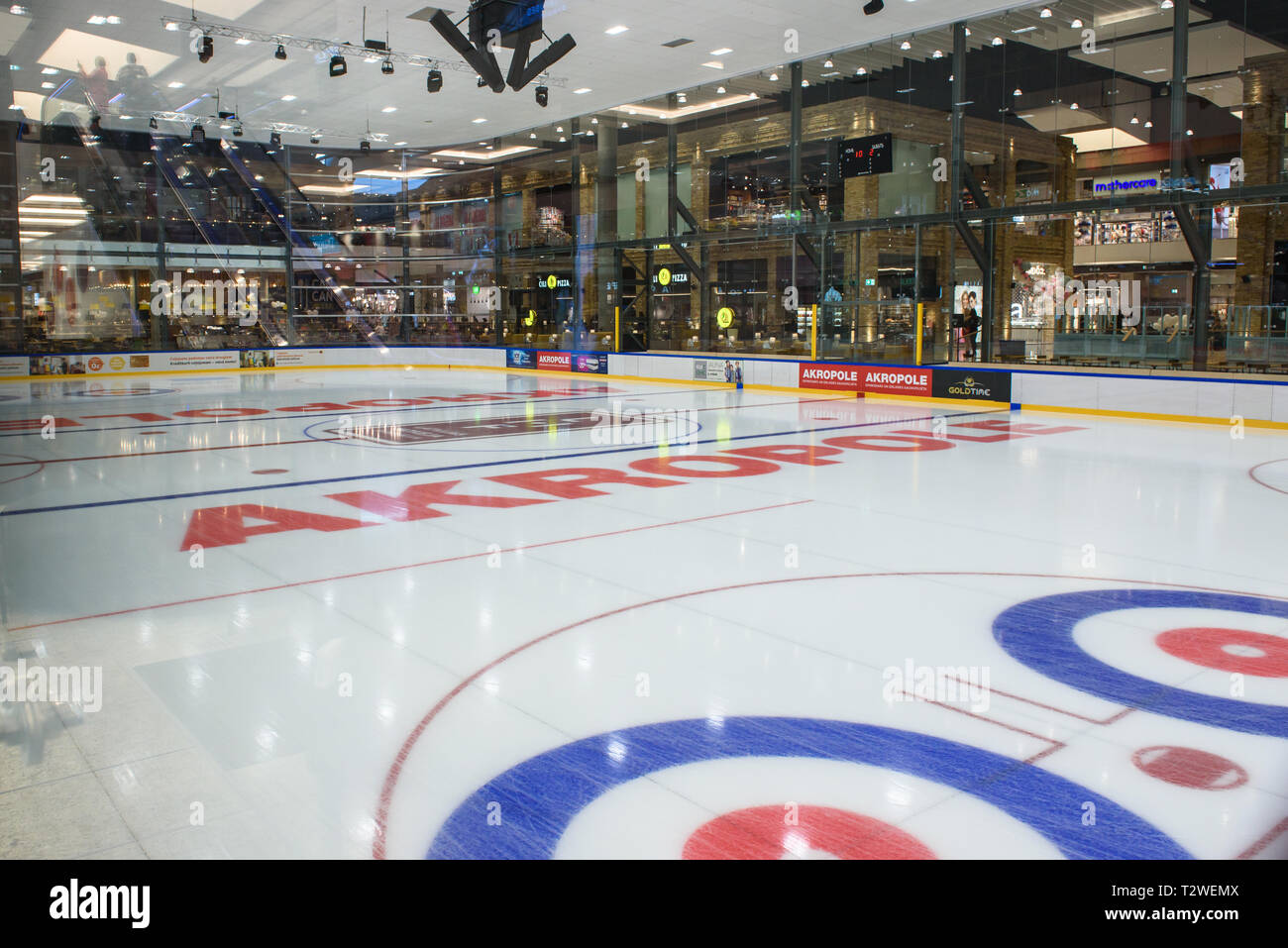 04.04.2019. RIGA, LATVIA. Part of ice rink in Akropole shopping centre. Official opening of biggest shopping centre Akropole in Latvia. The shopping m Stock Photo