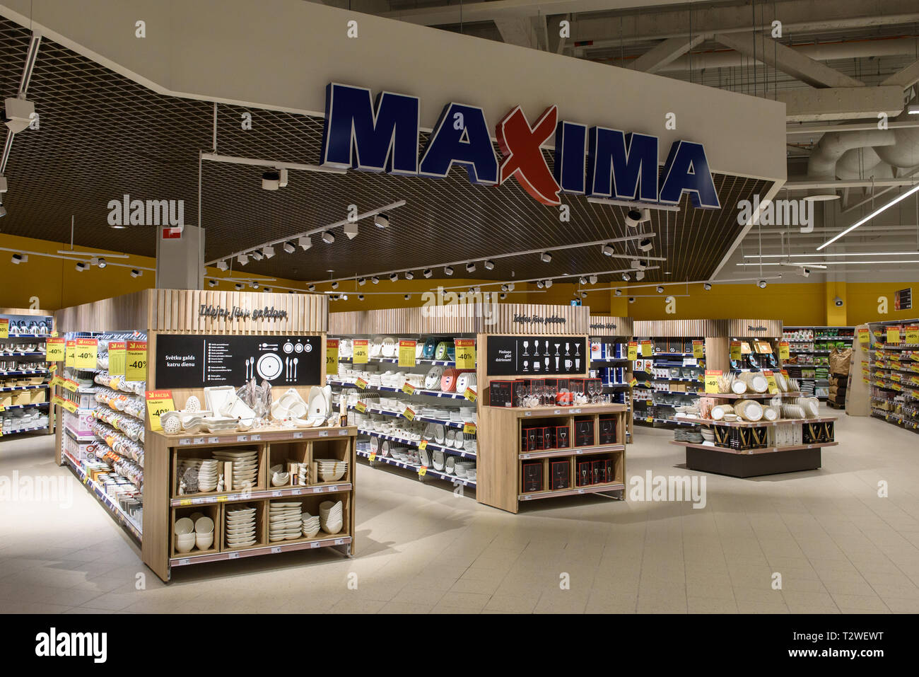 04.04.2019. RIGA, LATVIA. Maxima shop  in Akropole shopping centre. Official opening of biggest shopping centre Akropole in Latvia. The shopping mall  Stock Photo