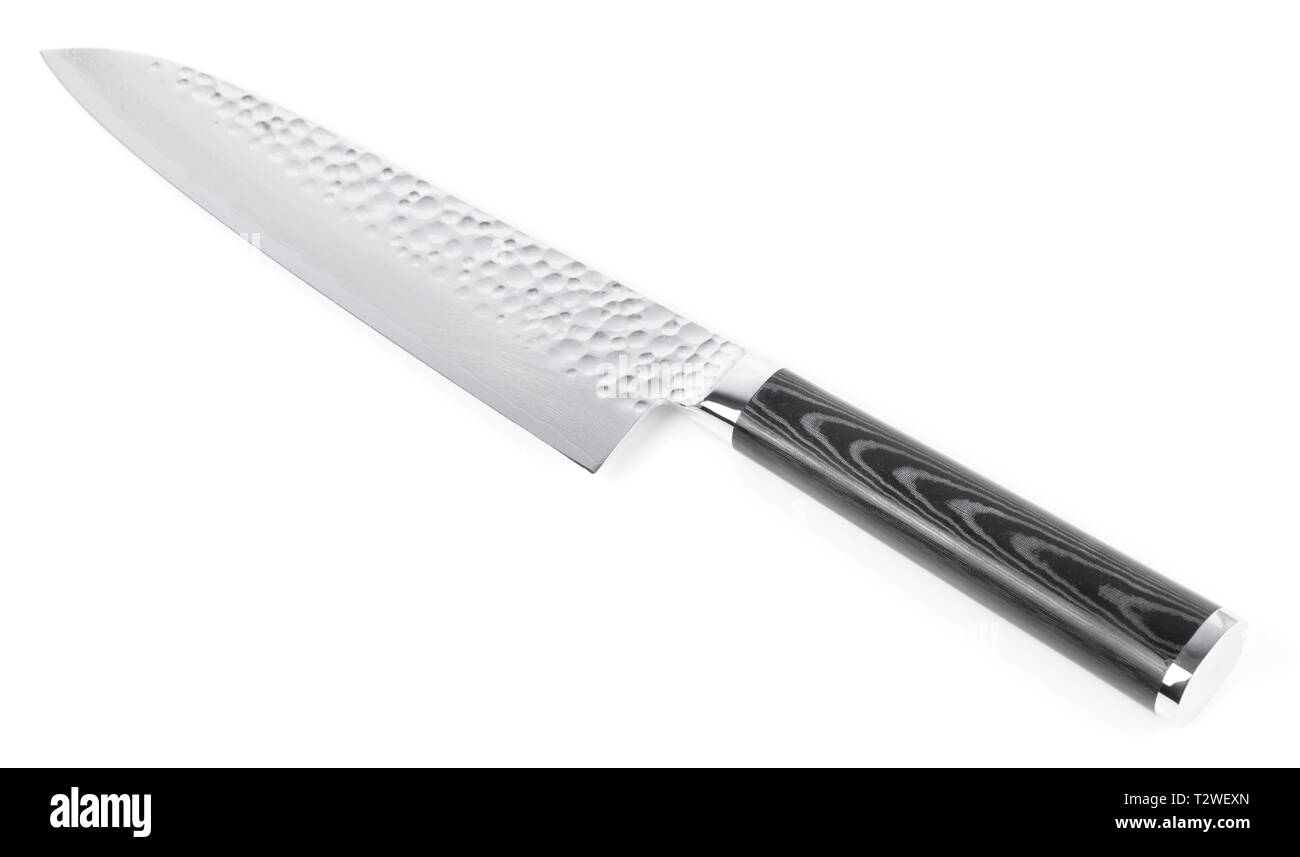Japanese gyuto knife of damascus steel, isolated on white background