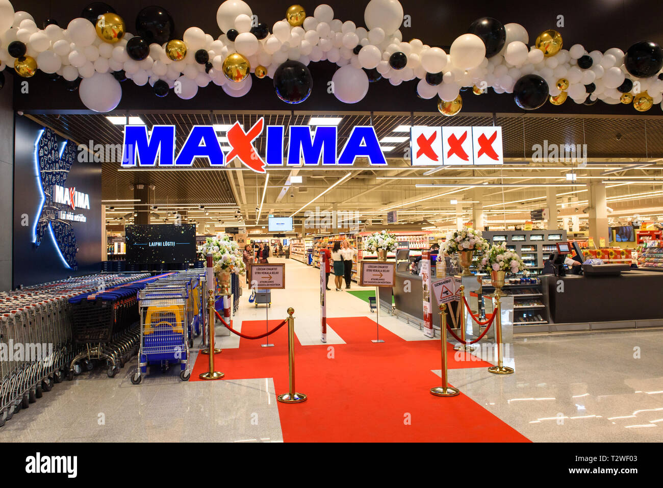 04.04.2019. RIGA, LATVIA. Maxima shop  in Akropole shopping centre. Official opening of biggest shopping centre Akropole in Latvia. The shopping mall  Stock Photo
