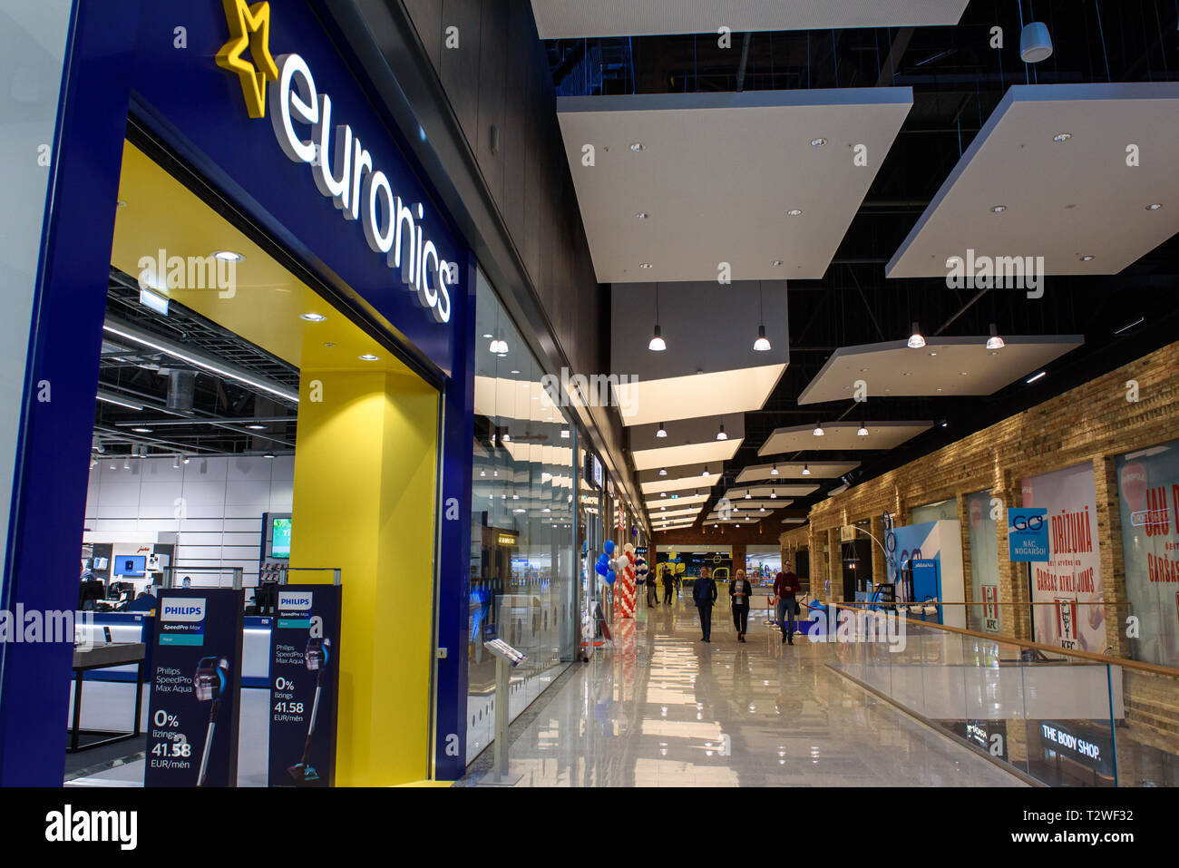 04.04.2019. RIGA, LATVIA. Euronics shop, before opening  in Akropole shopping centre. Official opening of biggest shopping centre Akropole in Latvia.  Stock Photo