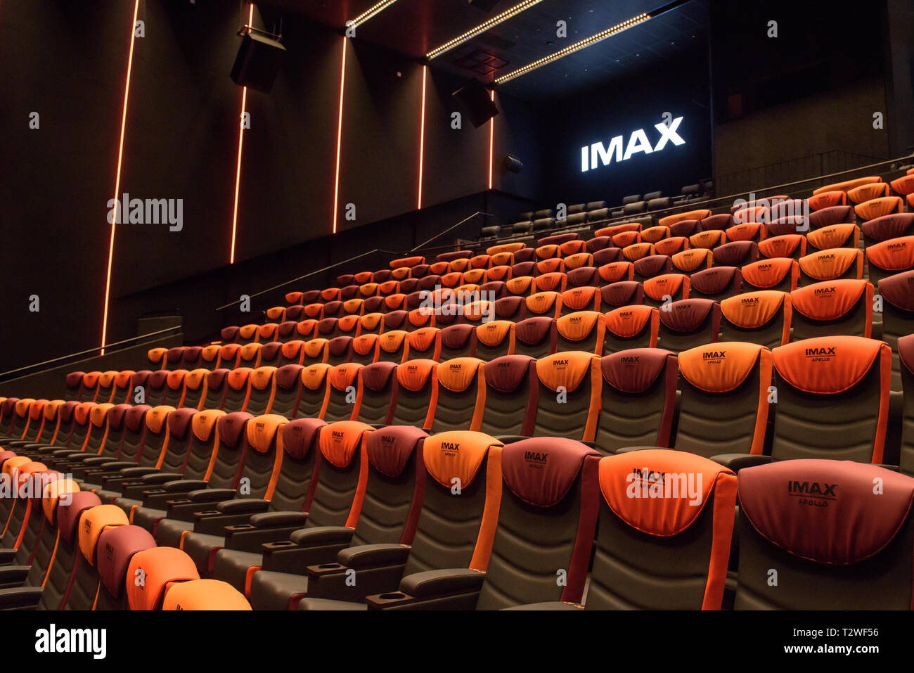 04.04.2019. RIGA, LATVIA. Empty hall at IMAX APOLLO cinema in Akropole shopping centre. Official opening of biggest shopping centre Akropole in Latvia Stock Photo