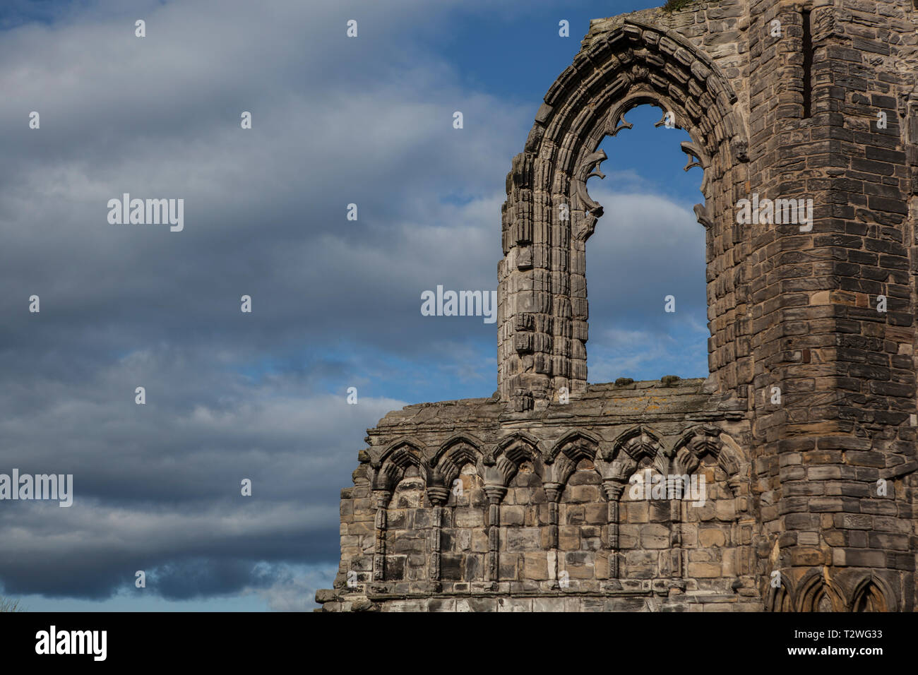 Ruins of St Andrews Cathedral in Scotland on cloudy day. Stock Photo