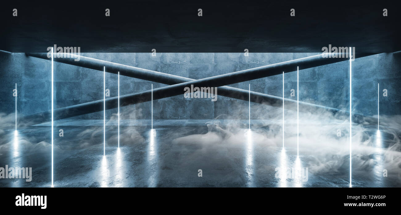 Smoke Neon Glowing Arch Gate Blue Grunge Concrete Bright Sci Fi