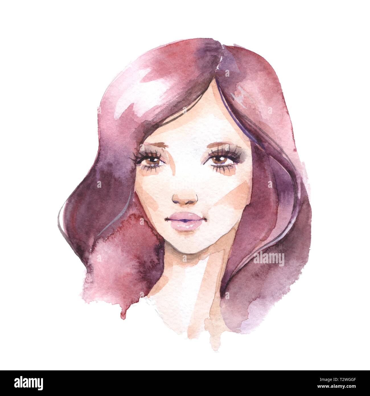 Brunette girl. Cartoon portrait. Watercolor female face Stock Photo