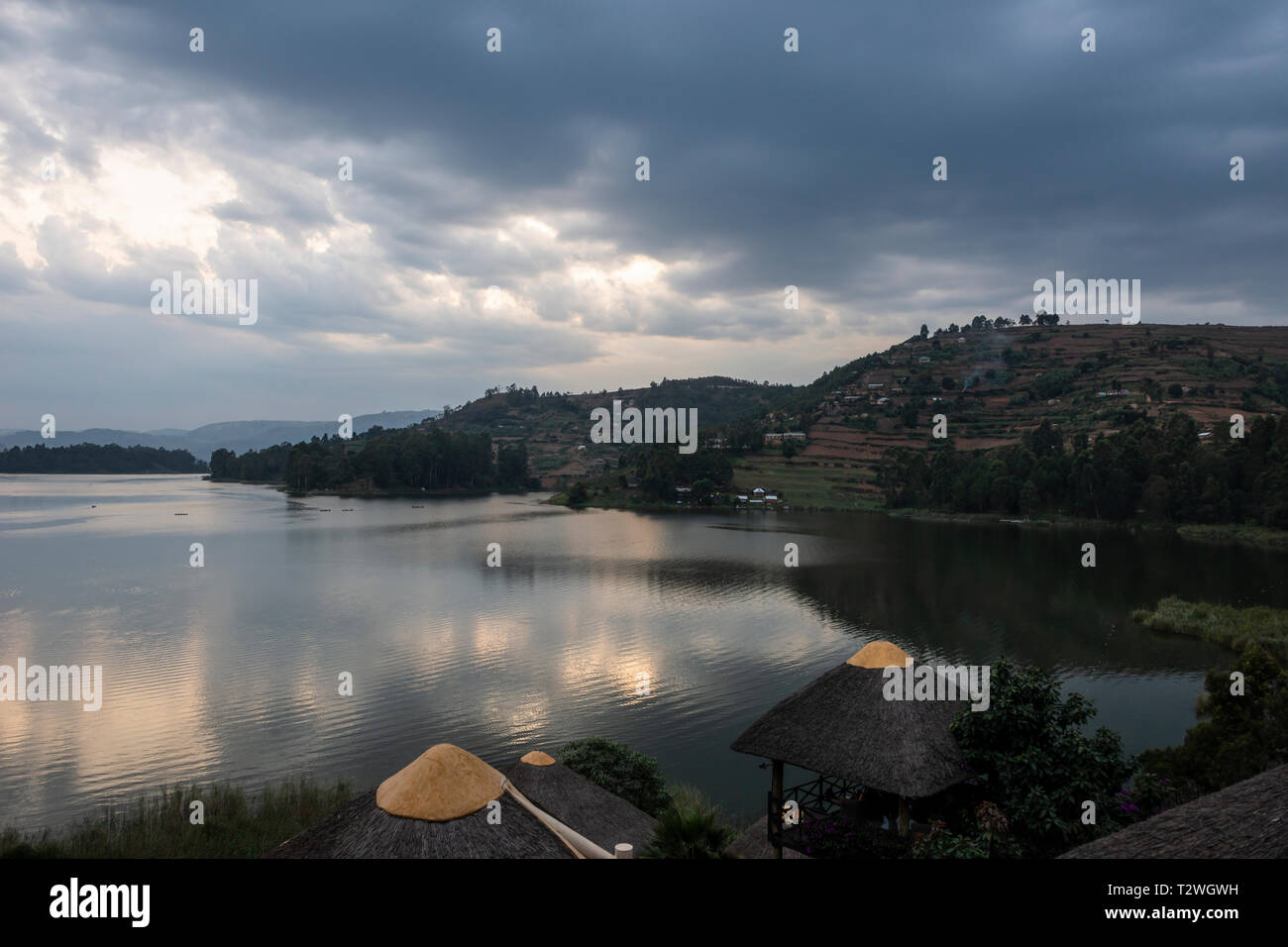 Sunset on Lake Bunyonyi from Birdnest Resort in South West Uganda, East Africa Stock Photo