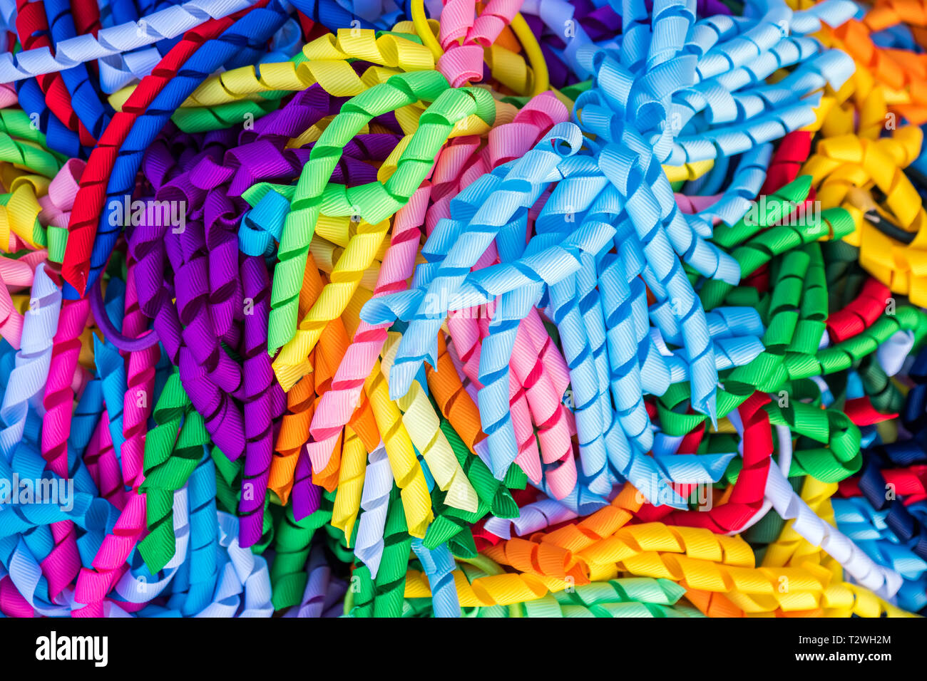 Colorful handmade curly ribbon hair ties Stock Photo