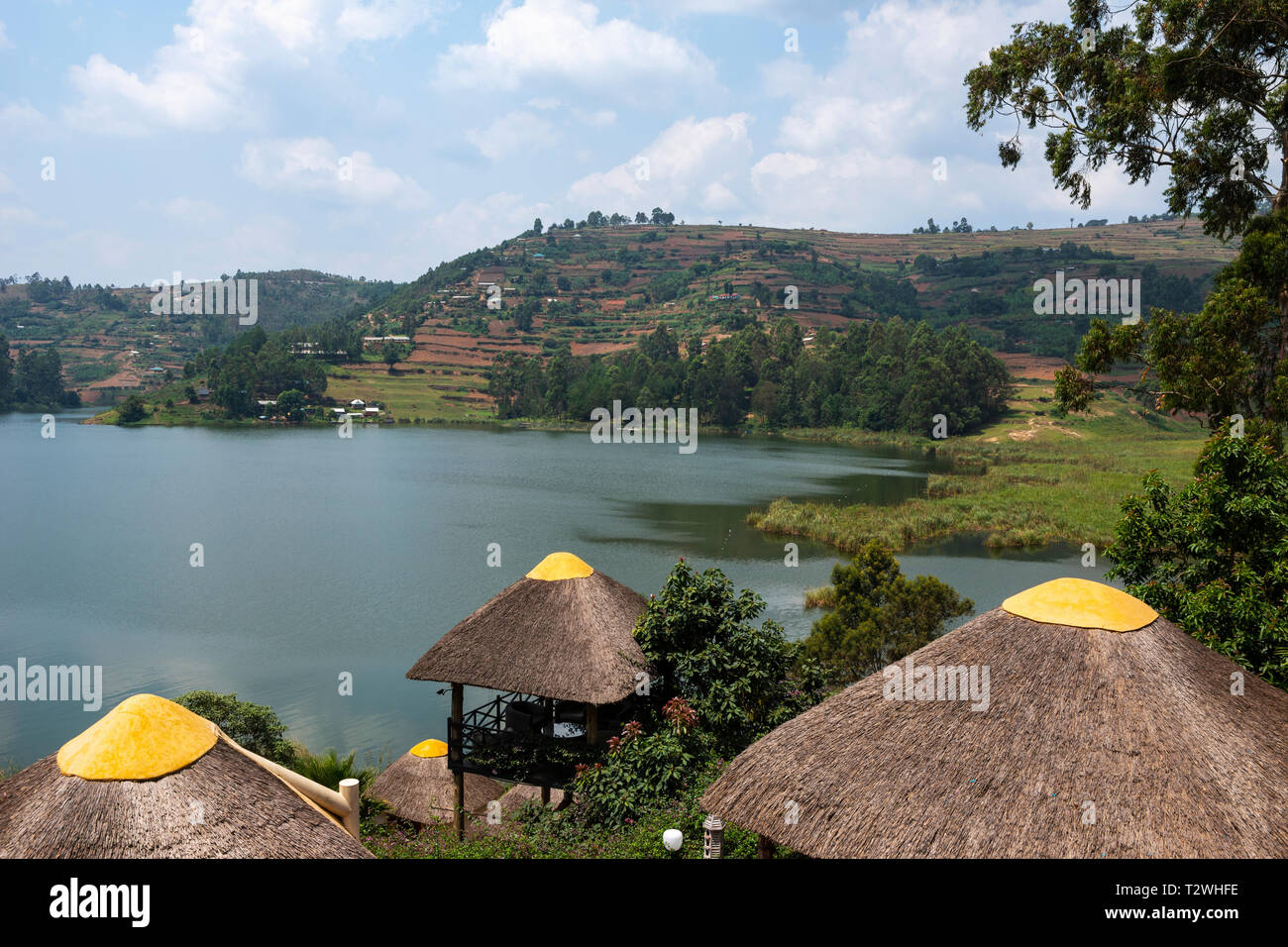 View across Lake Bunyonyi from Birdnest Resort in South West Uganda, East Africa Stock Photo