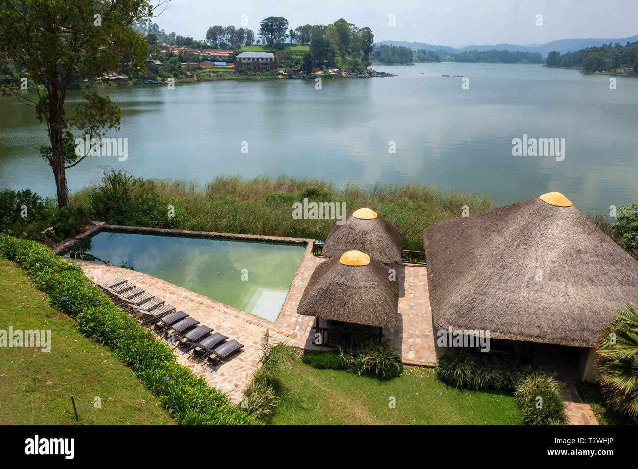 View across Lake Bunyonyi from Birdnest Resort in South West Uganda, East Africa Stock Photo