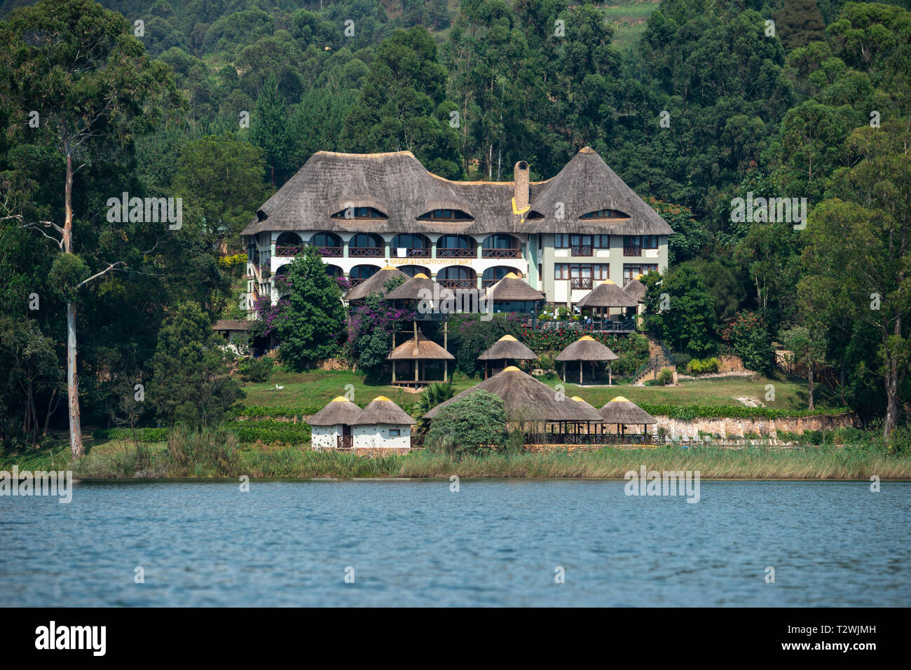Birdnest Resort on Lake Bunyonyi in South West Uganda, East Africa Stock Photo