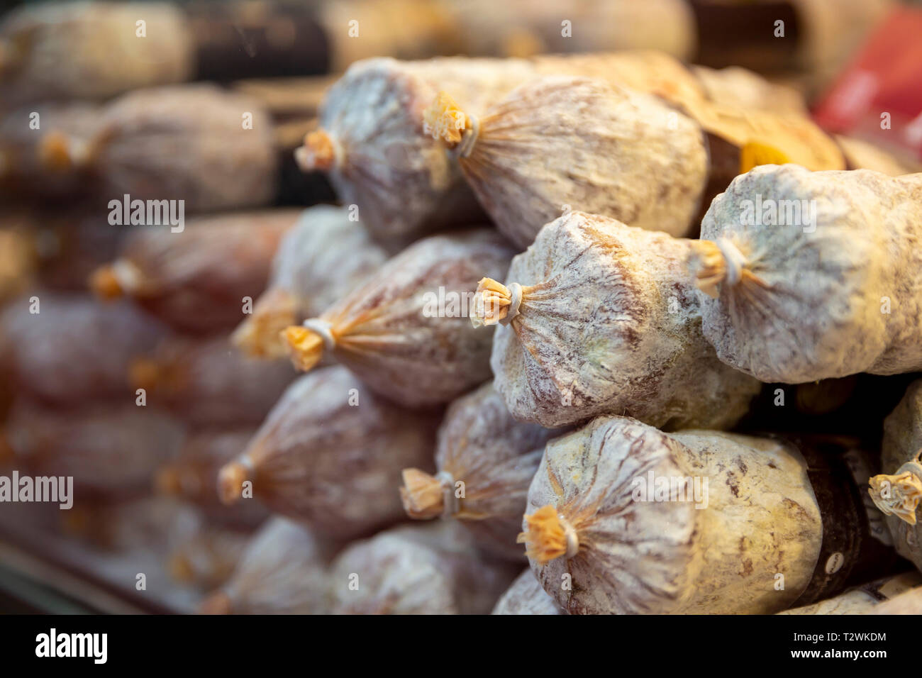 Dried salami sausages. Traditional Bulgarian dried flat salami Stock
