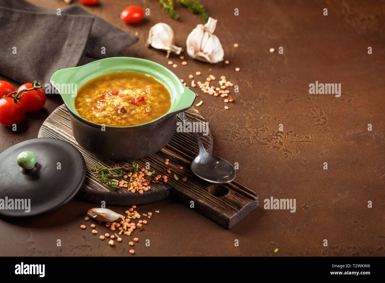 Vegetarian Lentil soup - Masoor Dal or Dal Tadka Curry, vegan cuisine
