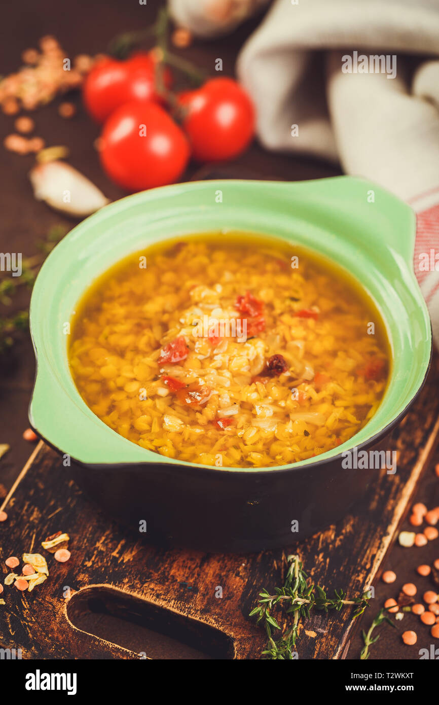 Vegetarian Lentil soup - Masoor Dal or Dal Tadka Curry, vegan cuisine