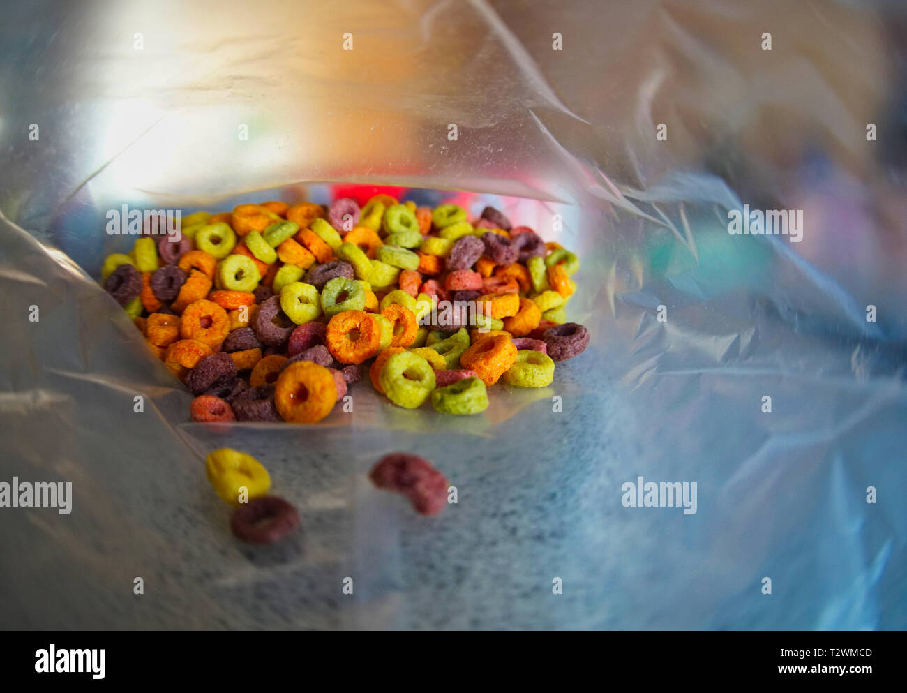 Montreal, Canada,April 1 2019.Coloured breakfast cereal inside plastic