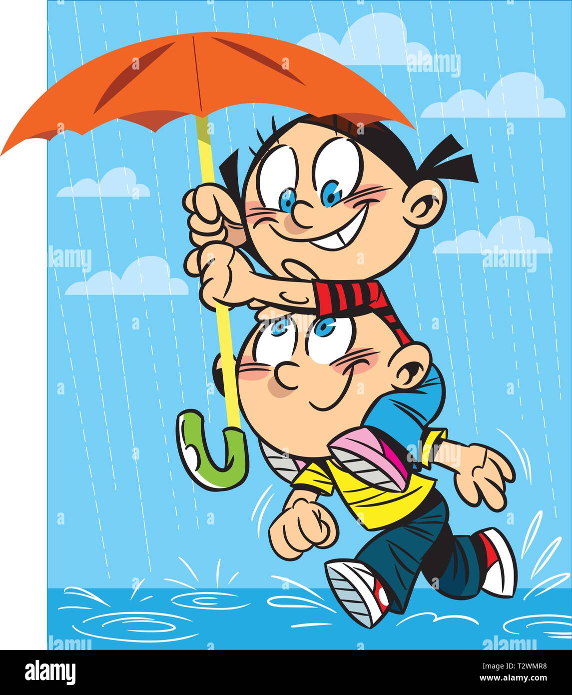 Vector illustration a boy and a girl run with an umbrella in the rain Stock Vector