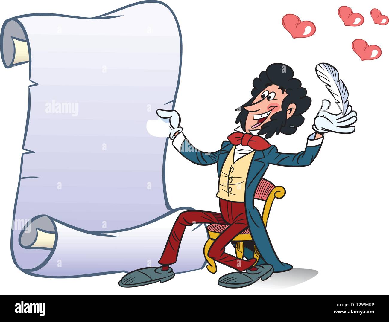In vector illustration, the poet writes love poems. The illustration can be used for postcards on Valentine's Day, invitations, there is a place for a Stock Vector