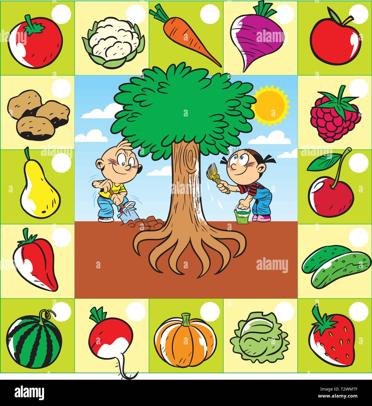 On vector illustration children work in the garden, a set of fruits and vegetables growing in and above the ground Stock Vector