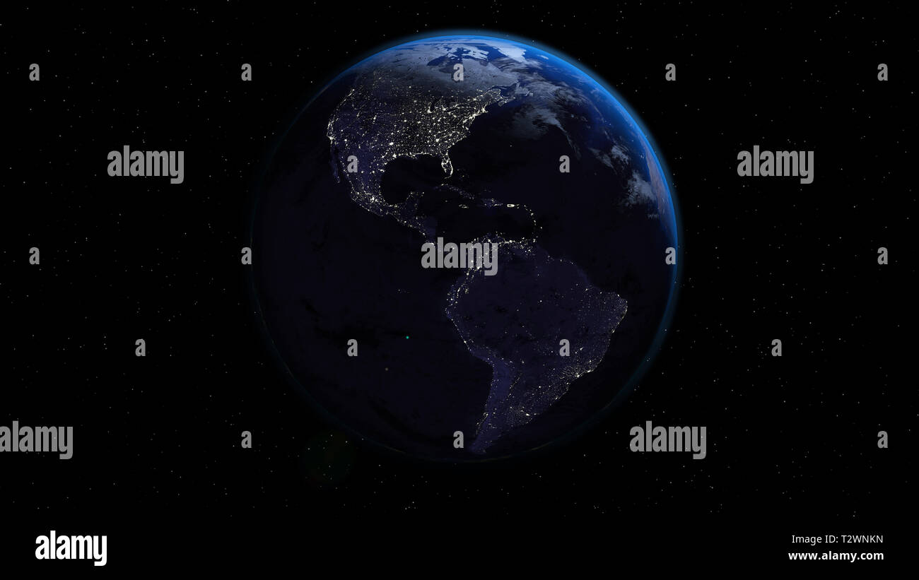 Planet Earth In Night Time With City Lights In Space With Stars Americas Side Stock Photo Alamy