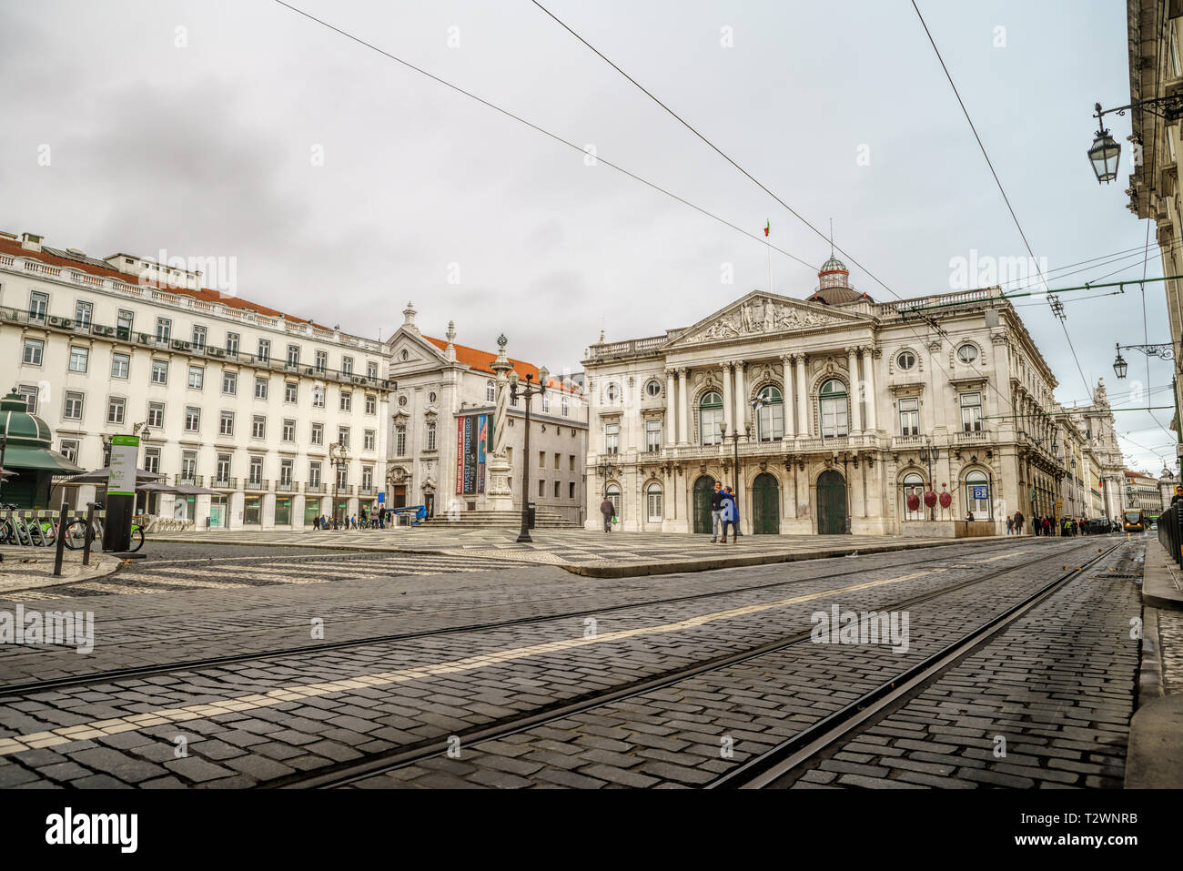 City Hall and Pillory at the Municipal Square, Praca do Municipio, Lisbon, Portugal Stock Photo