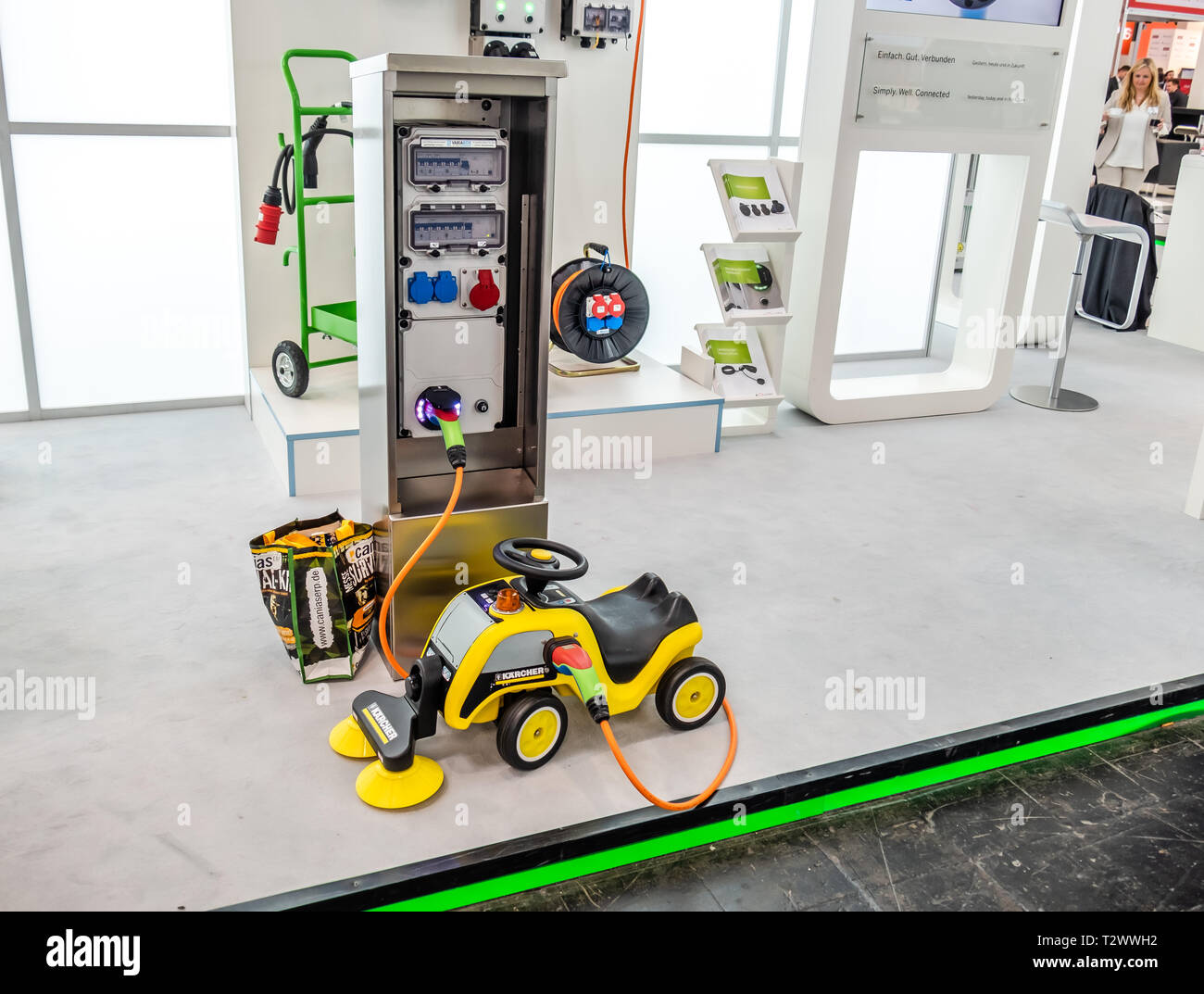 HANNOVER / GERMANY - APRIL 02 2019 : The newest e-mobility charging technology is presented at the fair in Hannover. Stock Photo