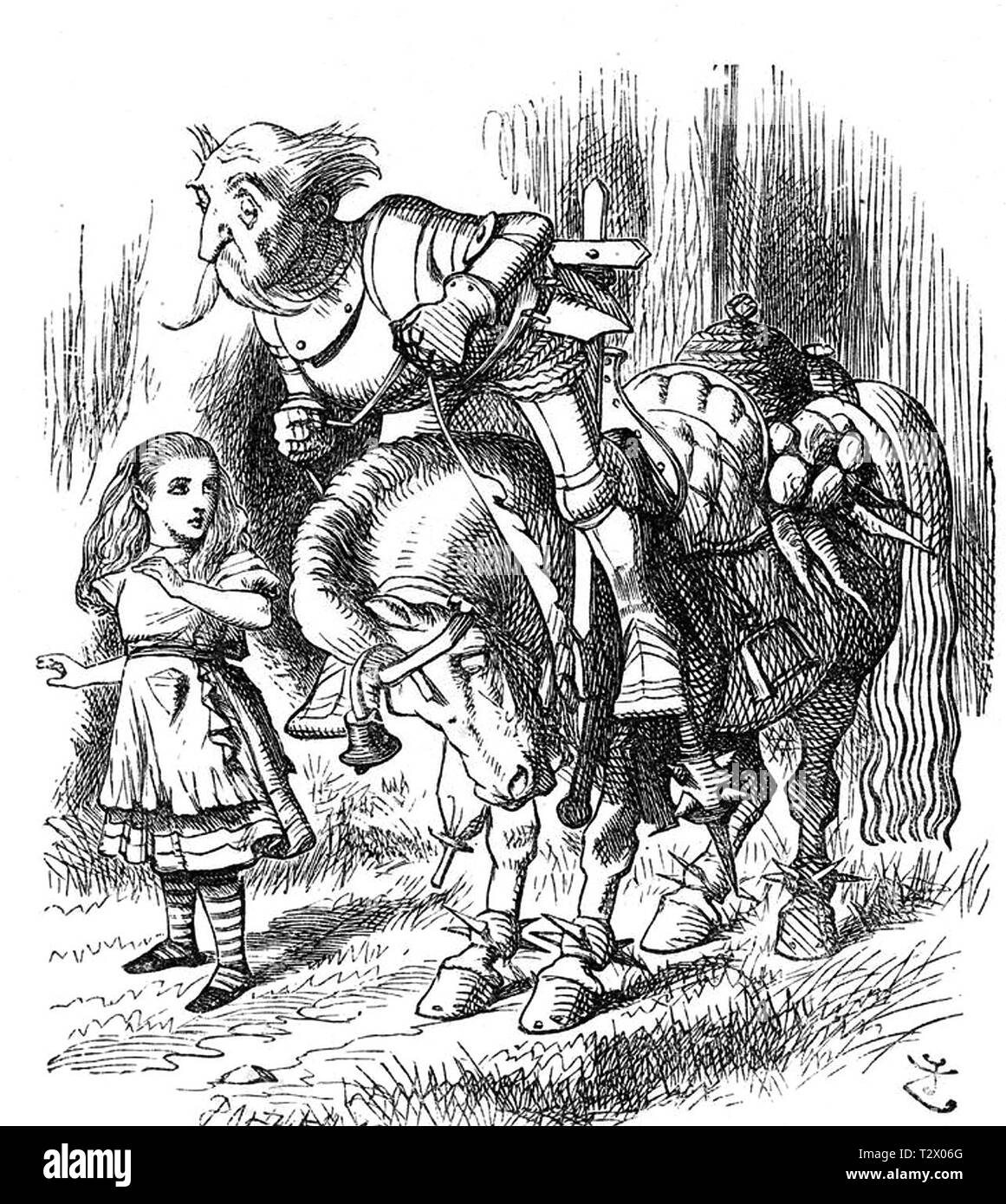 THROUGH THE LOOKING GLASS 1871 book by Lewis Carroll. Here Alice meets the White Knight. Stock Photo