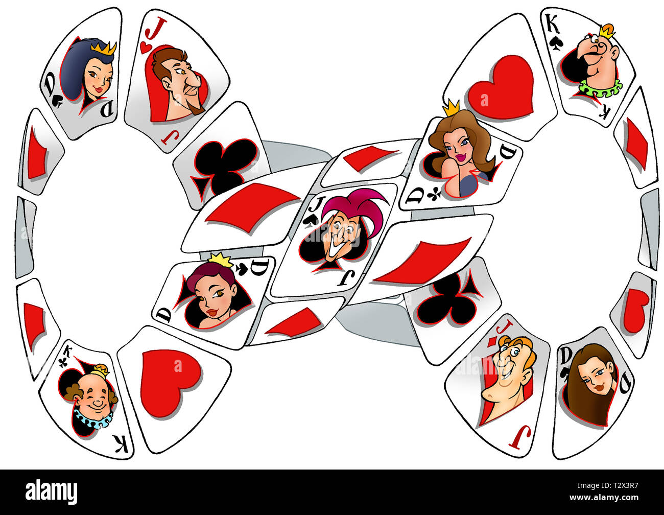 The illustration shows playing cards for poker in the shape of a eight with  characters in a cartoon style Stock Photo - Alamy