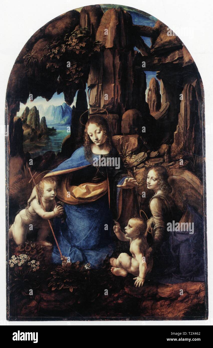 LEONARDO DA VINCI.THE VIRGIN OF THE ROCKS.1493-1495.OIL ON WOOD.192.5 CM X 120 CM.IN THE SECOND VERSION WHICH WAS MADE TO REPLACE THE FIRST VERSION AF Stock Photo