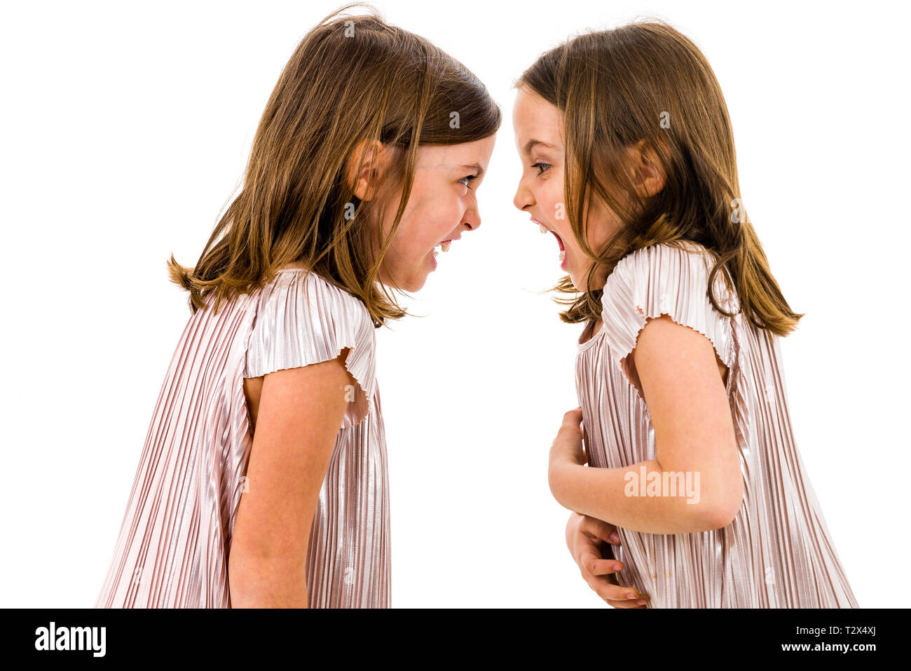 Identical twin girls sisters are arguing yelling at each other. Angry girls are shouting, yelling and arguing with emotional expression on faces. Fron Stock Photo