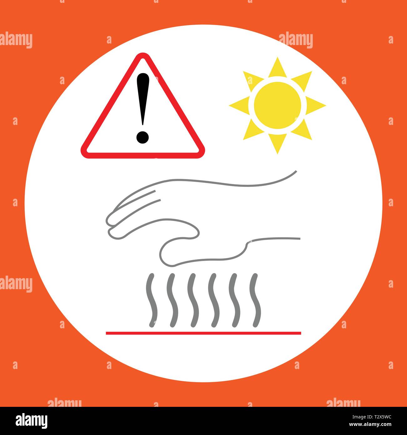 Hot surface symbol with hand and sun and hazard warning attention sign with exclamation mark Stock Vector