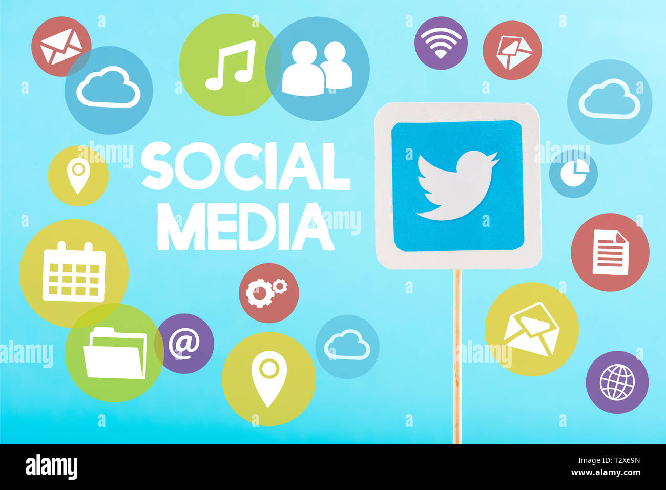 card with twitter logo, social media lettering and multicolored icons ...