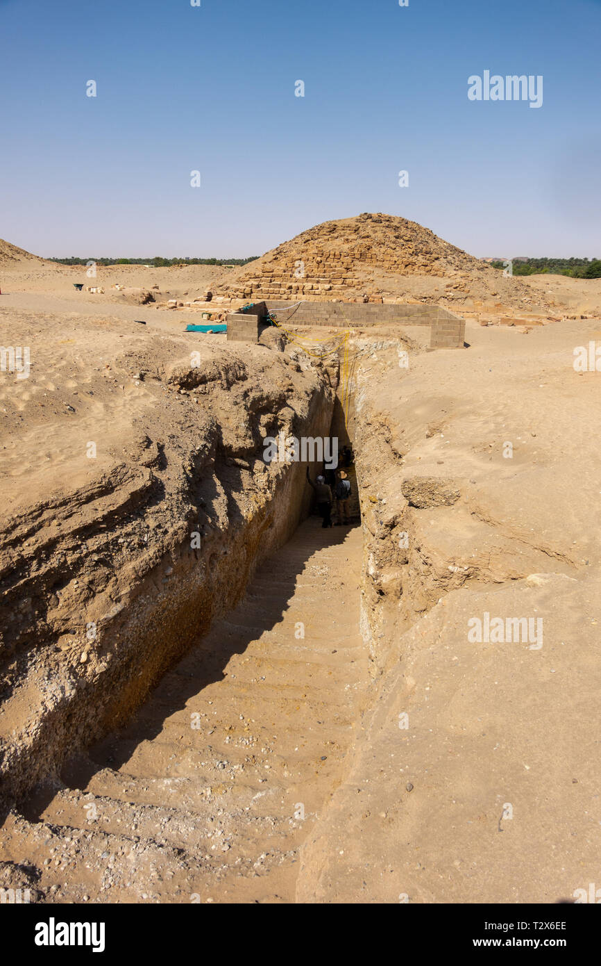 Nuri, Suden, February 9., 2019: Access via a staircase to the underground entrance of a pyramid of black pharaohs in Sudan Stock Photo
