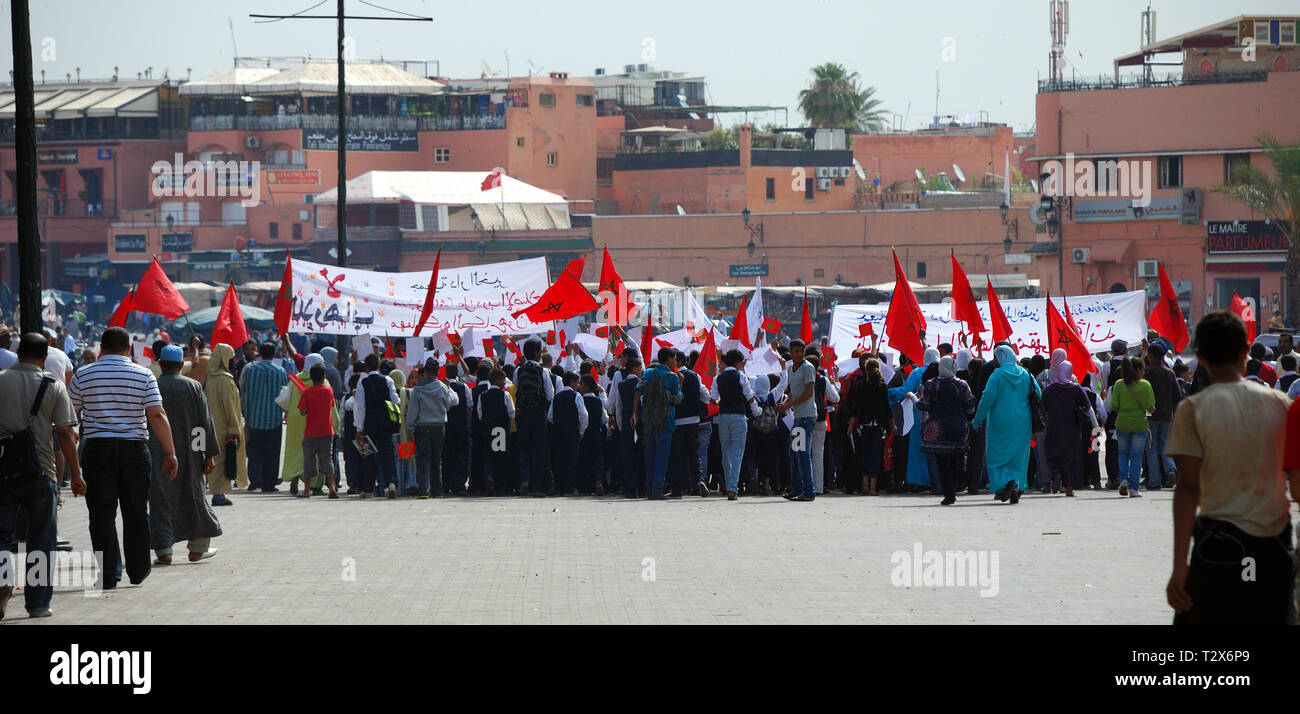 Protesters in Morocco with flags Stock Photo