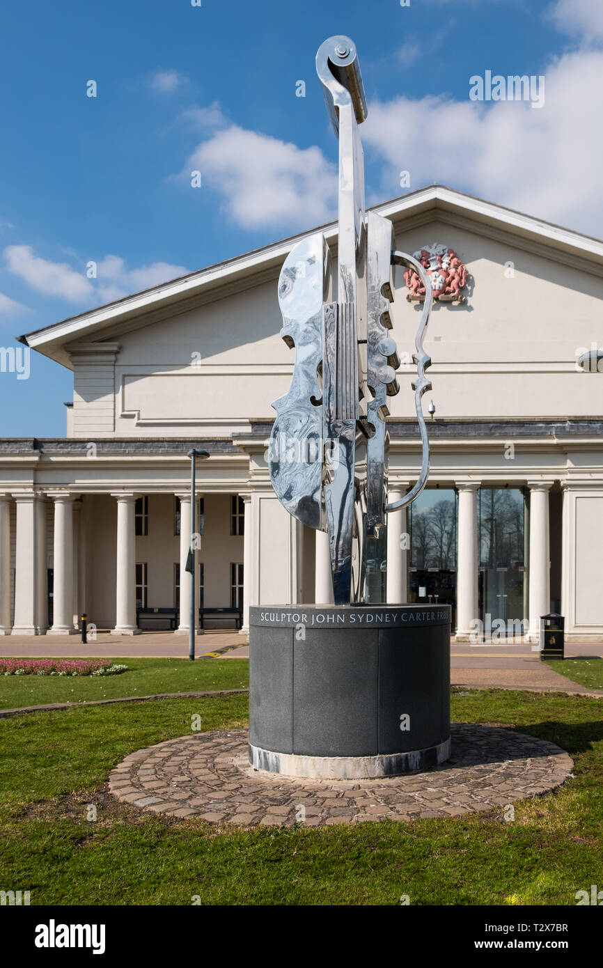 Concerto sculpture by John Sydney Carter outside the De Montfort Hall live music and entertainment venue in Leicester, UK Stock Photo